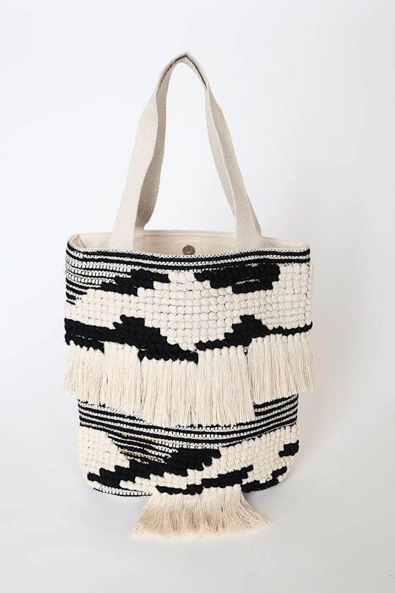 Black and White Tote Bag Woven Tote Bag Tassel Tote Bag Lulus