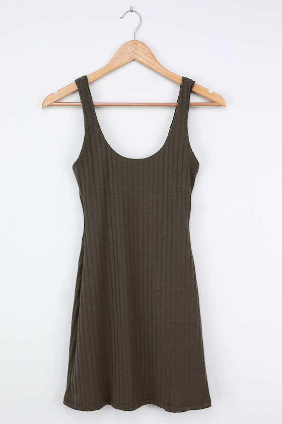 Scoop Neck Ruched A-Line Tea-Length Dress Olive Green