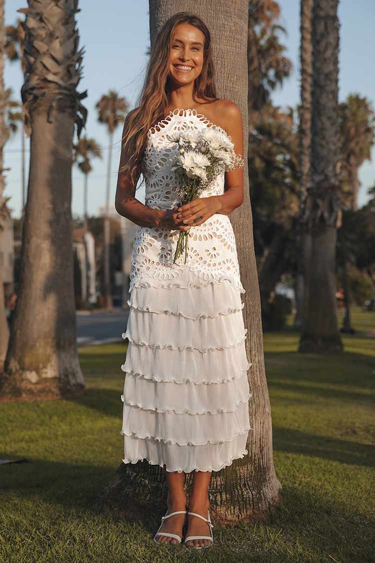 knee length dresses for ladies Zuri | White Lace Sweetheart Midi Dress with Cami Straps main image 1