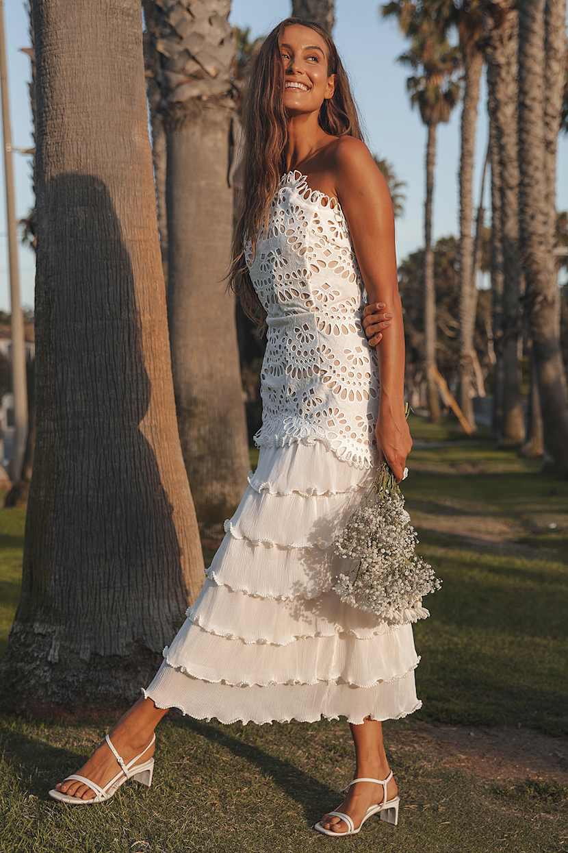 ELLIATT Watlz - White Eyelet Lace Midi - Tiered Strapless Dress - Lulus