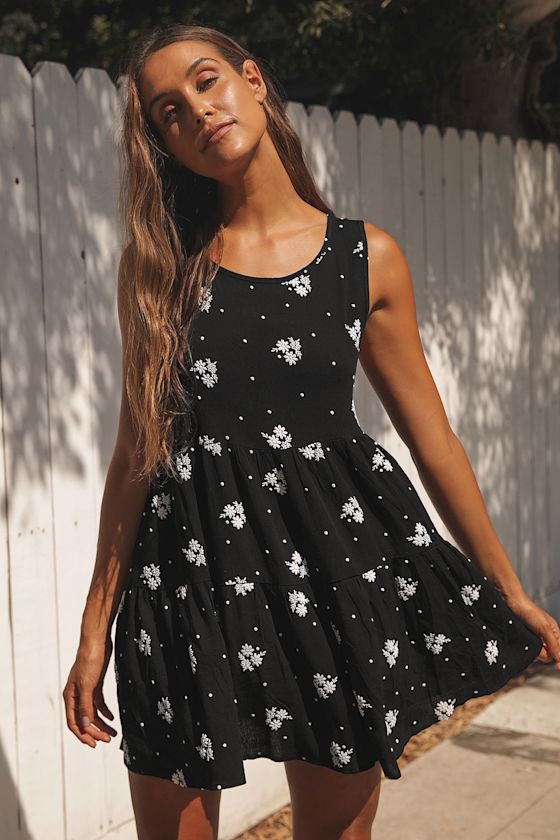 Black Floral Print Dress Tiered Babydoll Dress Mini Dress Lulus