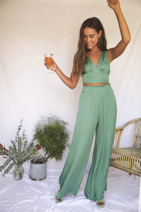 green satin crop top
