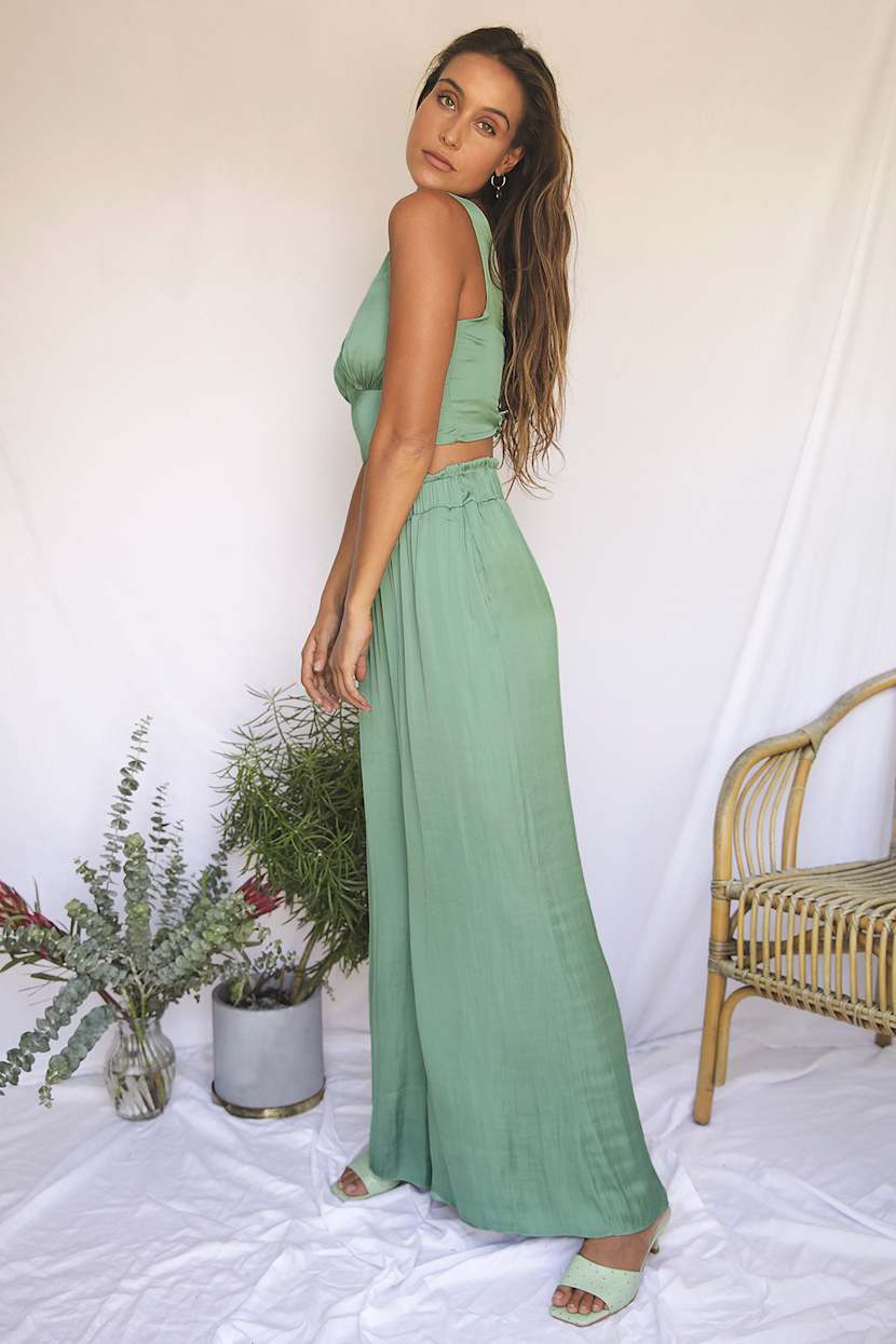 Sage Green Pants - Satin Wide-Leg Pants - Trendy Satin Pants - Lulus