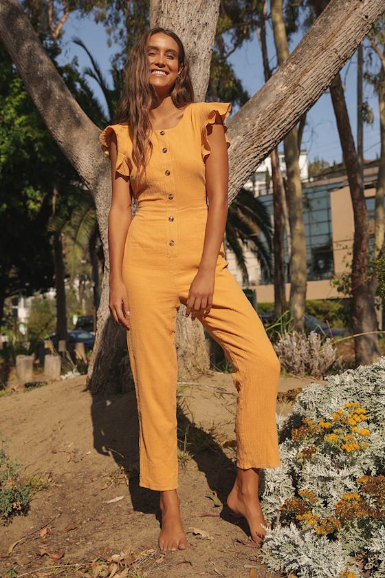 Mustard Yellow Jumpsuit ButtonFront Jumpsuit Trendy Jumpsuit Lulus