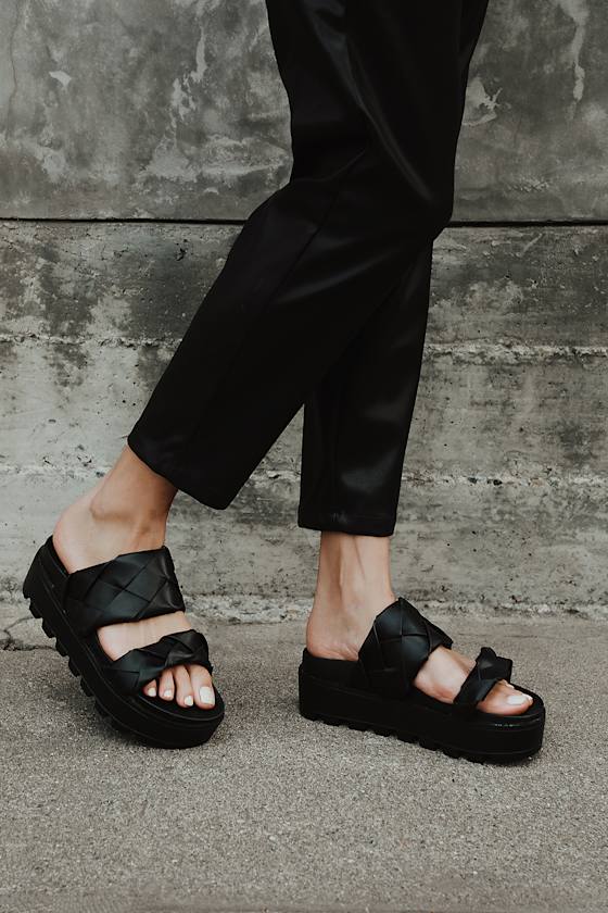 black woven platform sandals