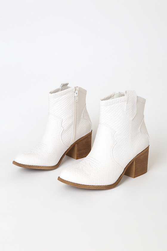 white booties snakeskin heel