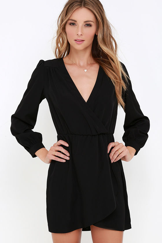 Cute Black Dress - Wrap Dress - Long Sleeve Dress - $49.00 - Lulus
