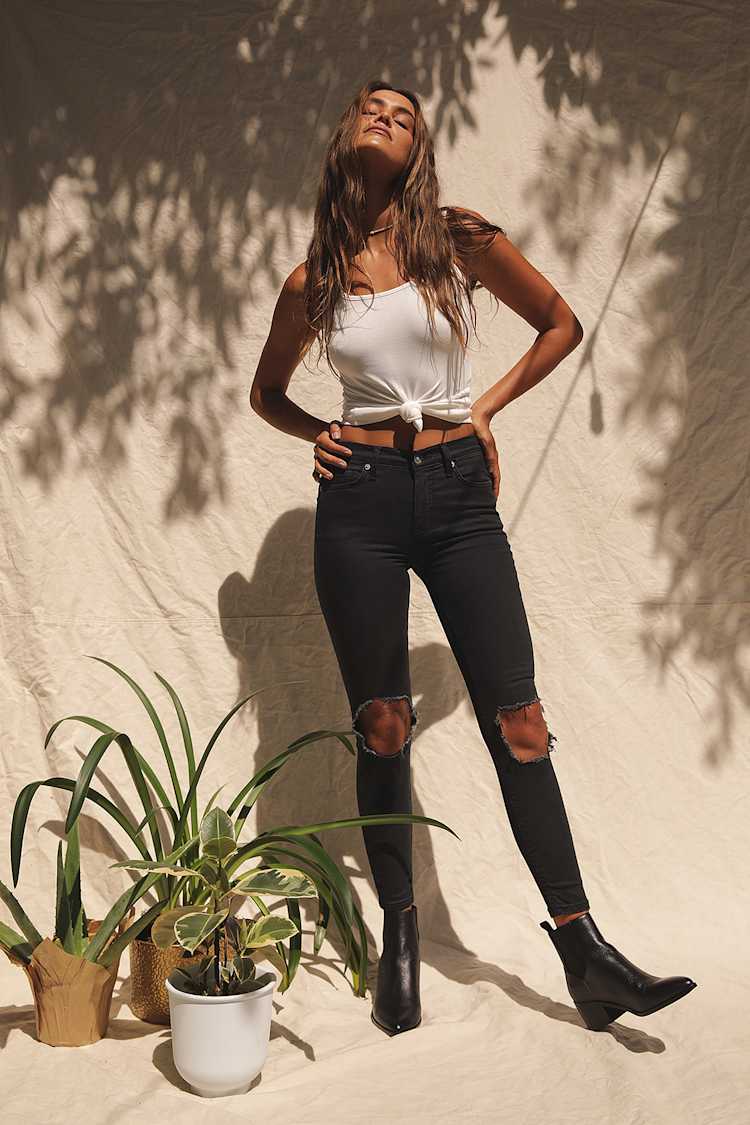 Free People High Rise Jeans -Black Distressed Skinny Jeans - Lulus