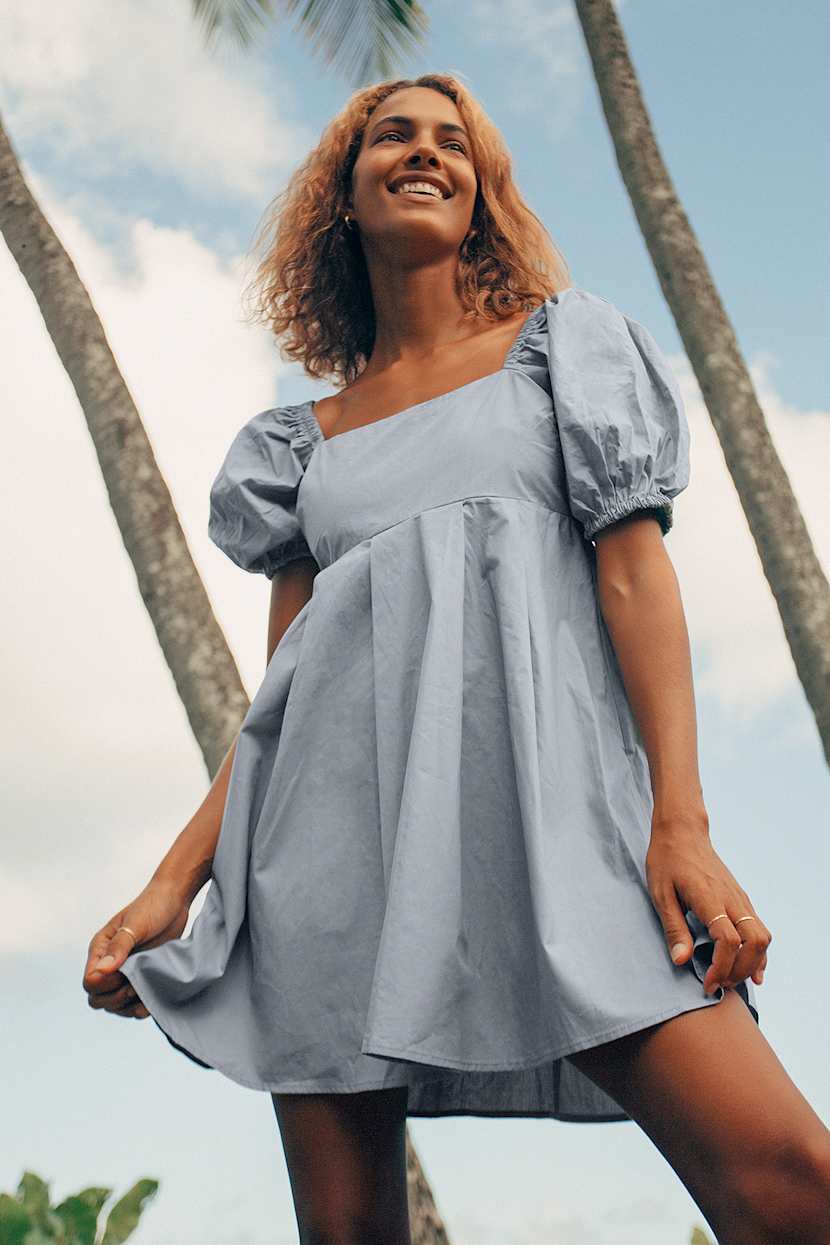 Blue Puff Sleeve Dress - Babydoll Dress - Cute Cotton Mini Dress - Lulus