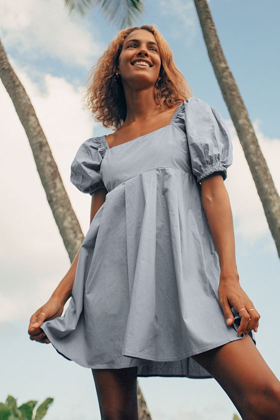 Blue Puff Sleeve Dress Babydoll Dress Cute Cotton Mini Dress Lulus