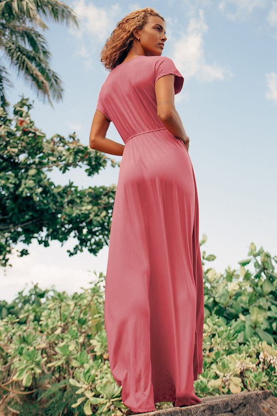 Rusty Rose Maxi Dress - Jersey Maxi Dress - Faux Wrap Maxi Dress