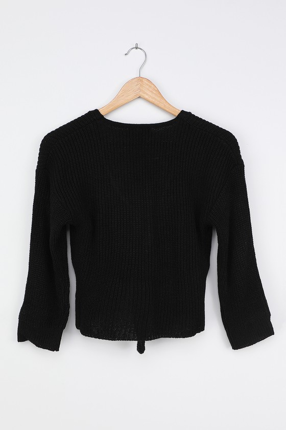 Black Sweater - Tie-Front Sweater - Three-Quarter Sleeve Sweater - Lulus