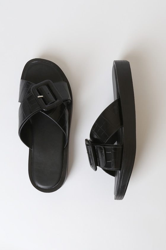 Black Crocodile Sandals - Chic Slide Sandals - Buckle Sandals - Lulus