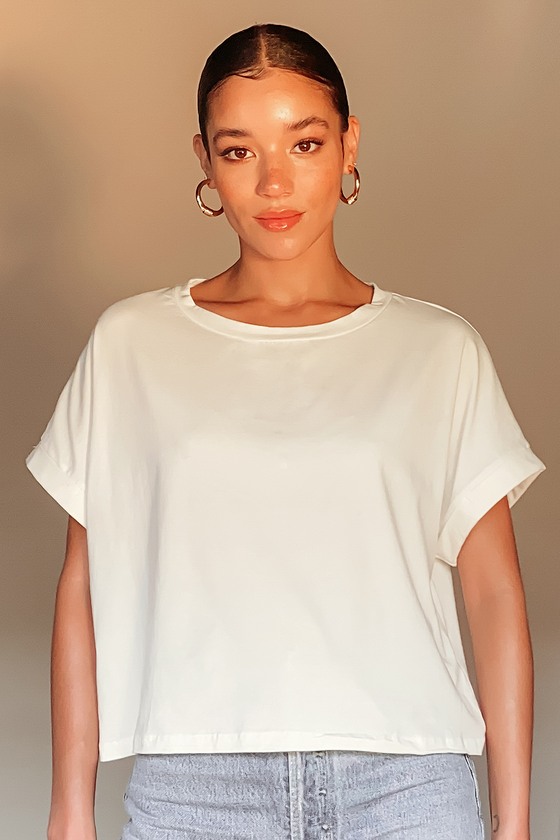 Ivory Short Sleeve Tee - White Cuffed Tee - Comfy Basic T-Shirt - Lulus