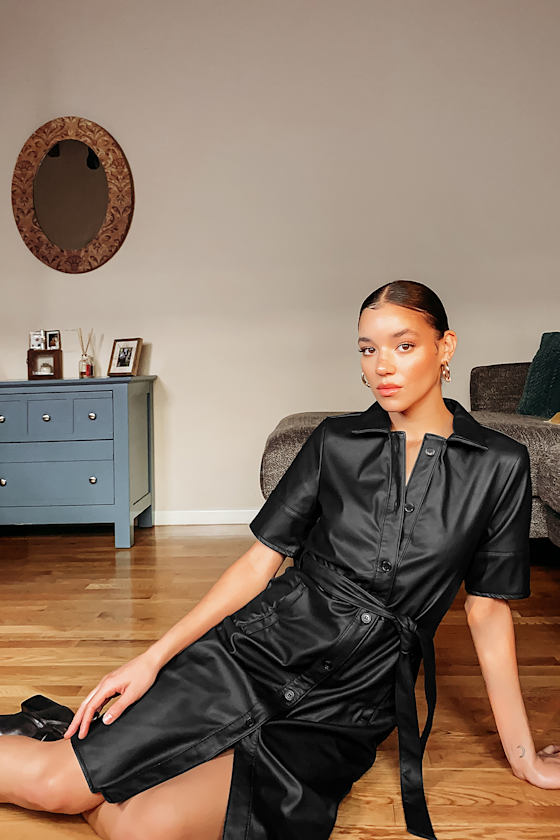 Gwen Black Vegan Leather Short Sleeve Button-Up Dress 7