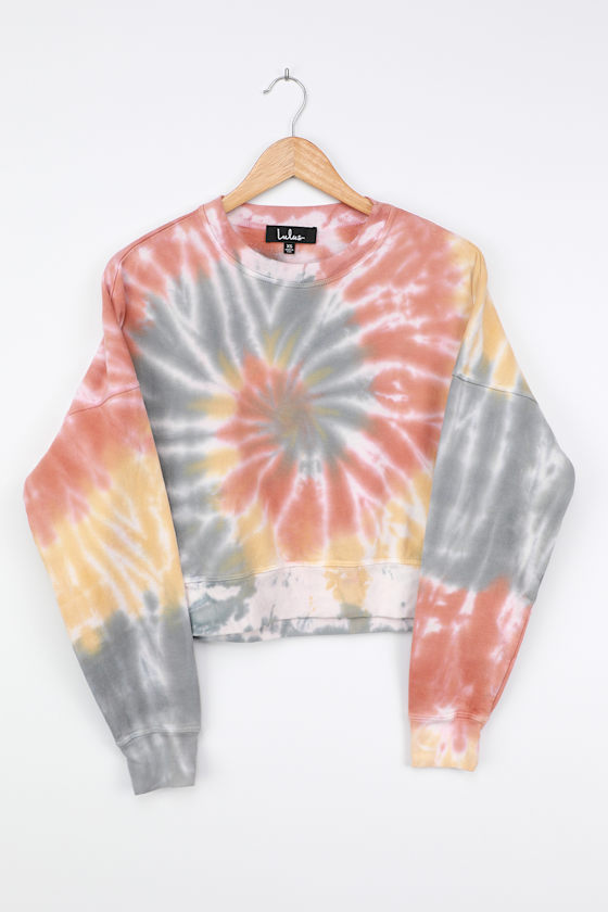 Rainbow TieDye Sweater Yellow Multi TieDye Cropped Sweatshirt Lulus