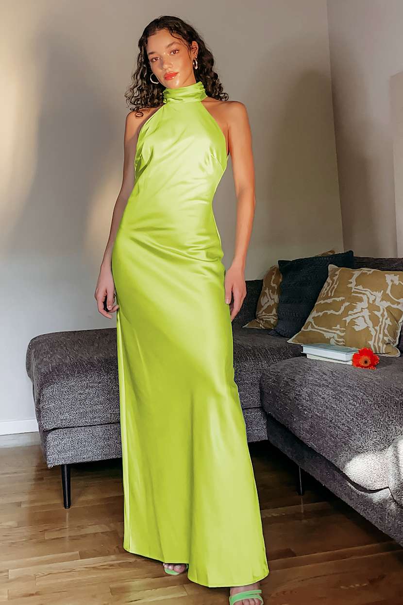 Inoa Chartreuse Frill Neck Silk Maxi Dress
