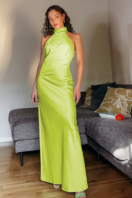 Bravado Chartreuse Satin Halter Backless Maxi Dress 5