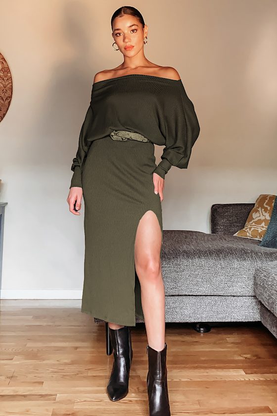 olive green off the shoulder dress