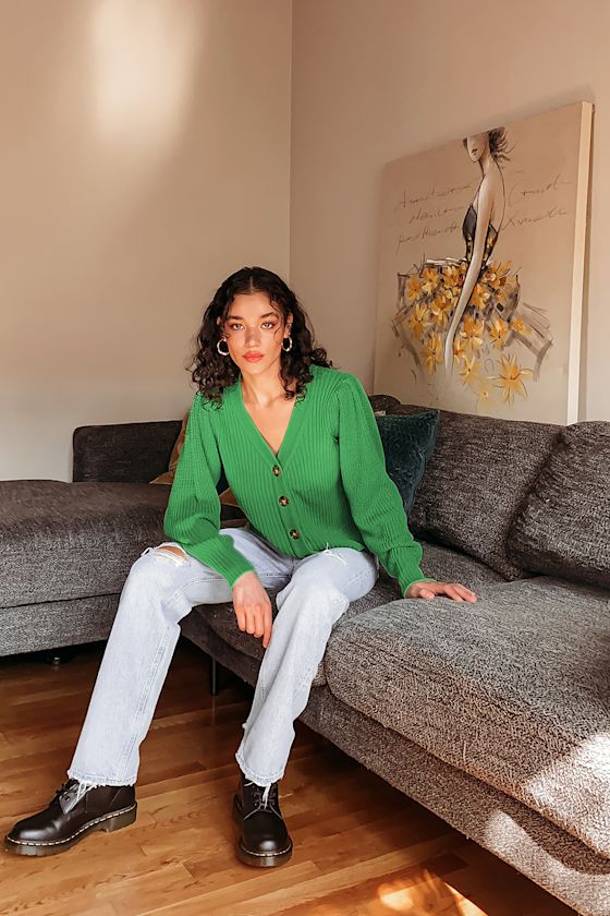 Knit to Self Green Puff Sleeve Cropped Cardigan Sweater 5