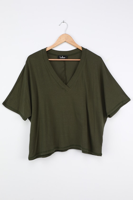 Cute Olive Green T-Shirt - V-Neck Tee - Oversized T-Shirt - Lulus