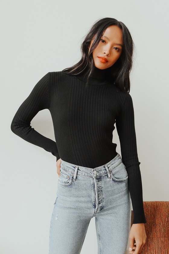 Lulus Chic Observations Black Ribbed Turtleneck Sweater Top