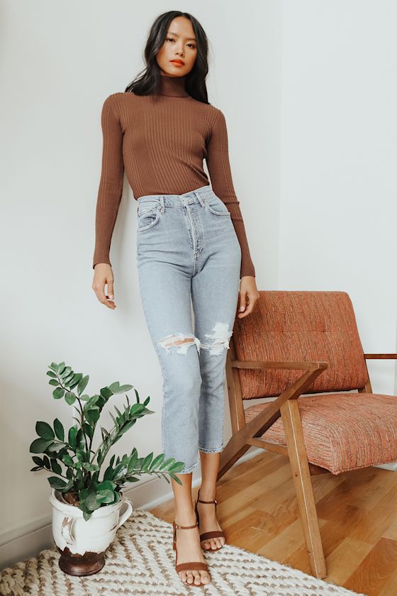 Chic Observations Brown Ribbed Turtleneck Sweater Top 8