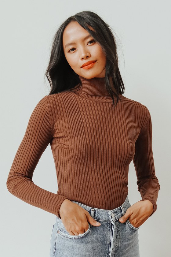 Chic Observations Brown Ribbed Turtleneck Sweater Top 9