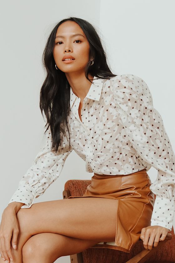 State of Dreaming Ivory Burnout Floral Polka Dot Button-Up Top 5