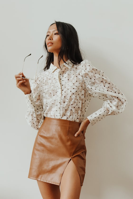 State of Dreaming Ivory Burnout Floral Polka Dot Button-Up Top 3