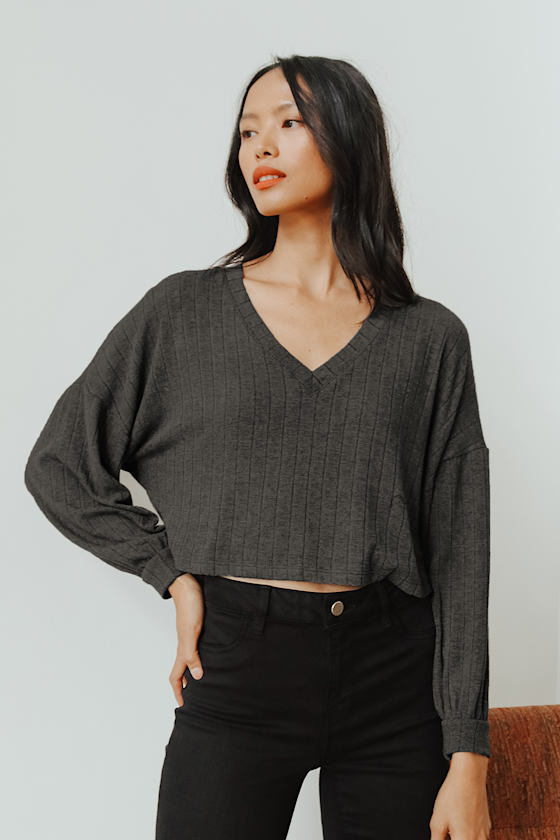 Dark Grey Sweater Top - V-Neck Sweater Top - Balloon Sleeve Top - Lulus