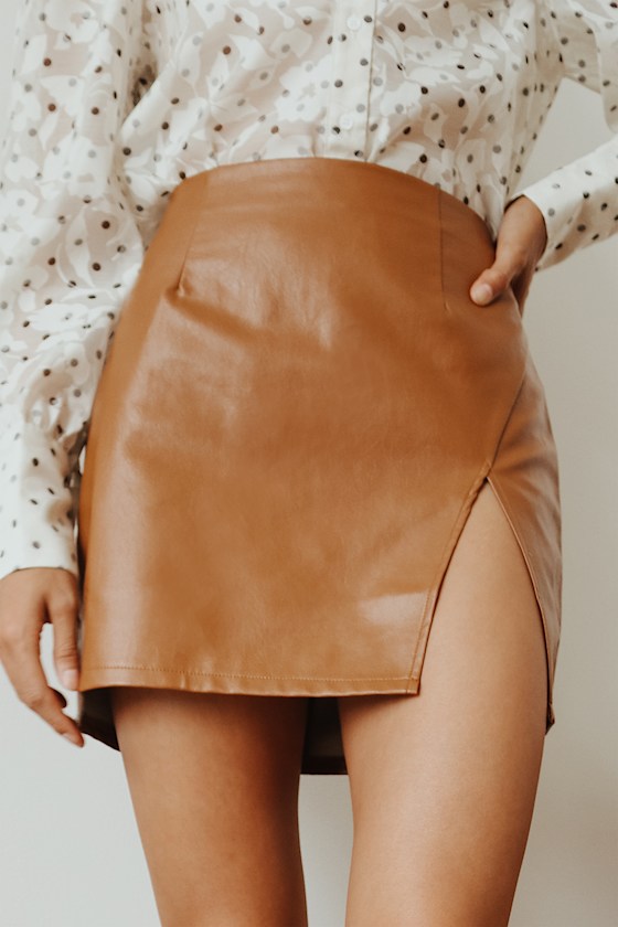 Walking the Walk Camel Vegan Leather Mini Skirt 5