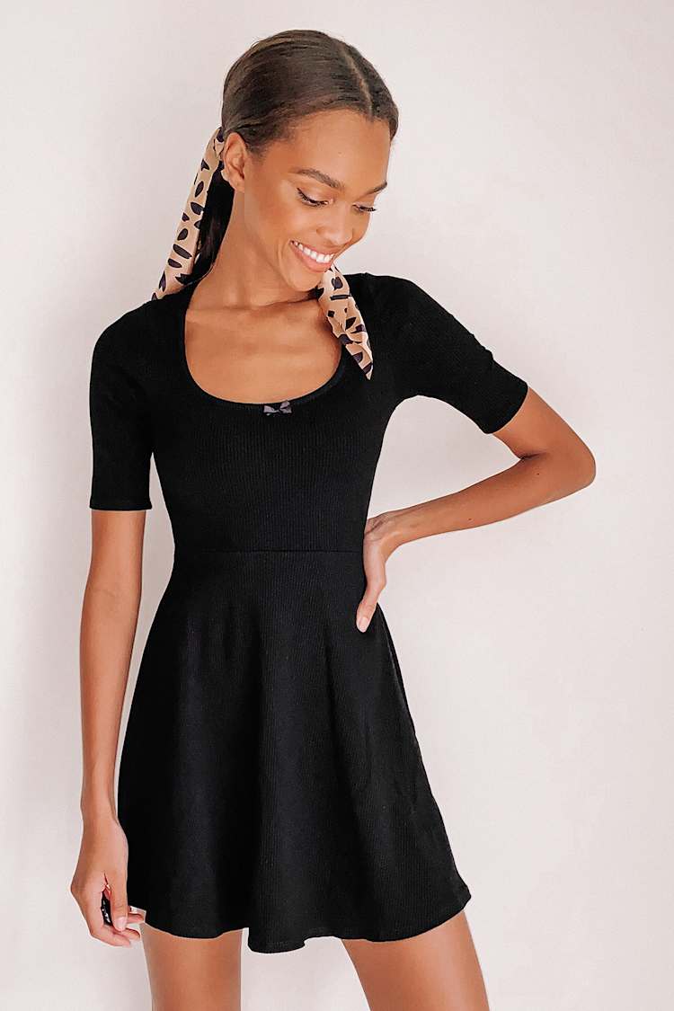 black ribbed skater dress boohoo Women's Rib Dropped Hem Skater Dress