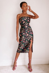 Make a Move Black Satin Floral Jacquard Strapless Midi Dress