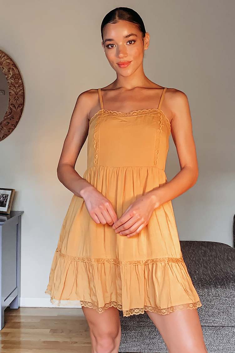 Yellow Shift Dress - Lace Mini Dress - Tiered Mini Shift Dress - Lulus Yellow Shift Dress - Lace Mini Dress - Tiered Mini Shift Dress - Lulus
