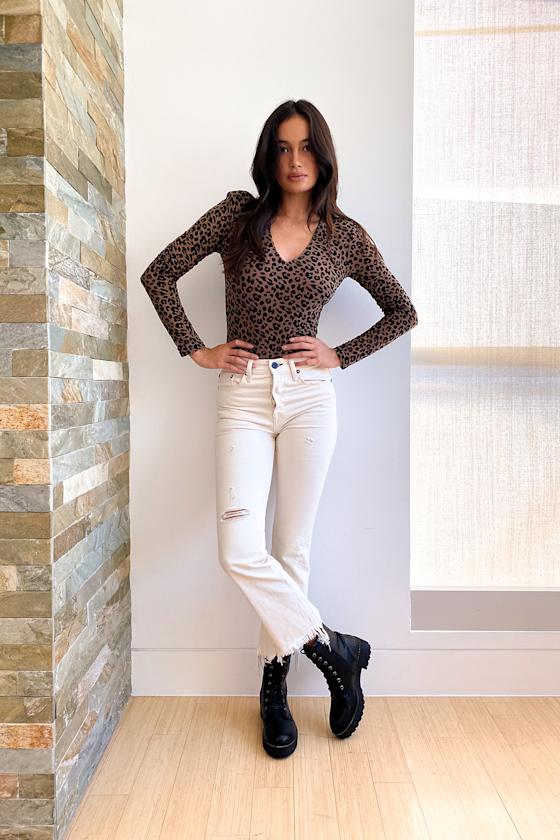 Leopard Print Bodysuit - Long Sleeve Bodysuit - Mesh