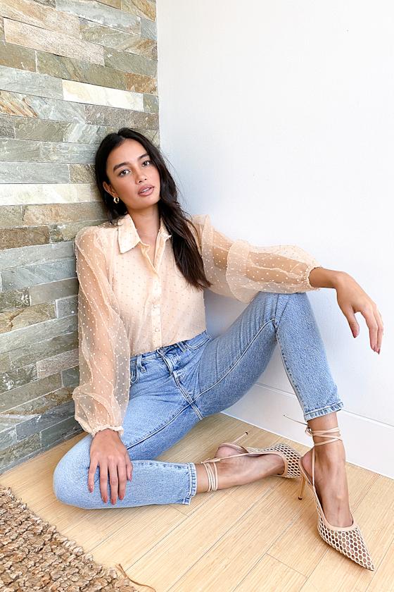 Always Punctual Beige Swiss Dot Button-Up Balloon Sleeve Top 4