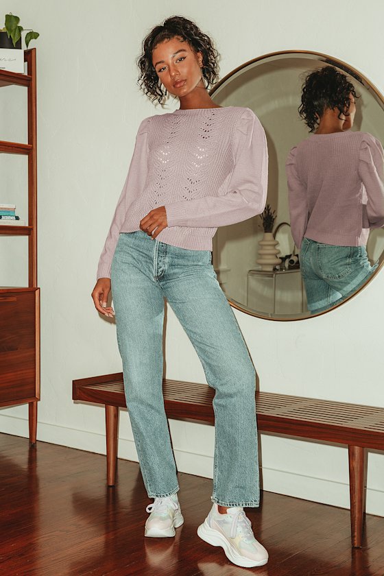 Genuine Love Dusty Lavender Pointelle Knit Puff Sleeve Sweater 5