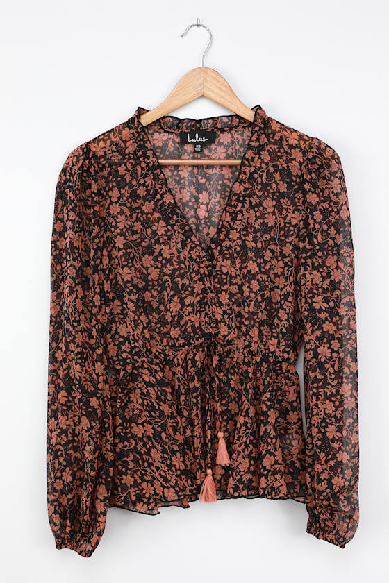 Black Floral Print Top Balloon Sleeve Blouse Cute Ruffled Top Lulus