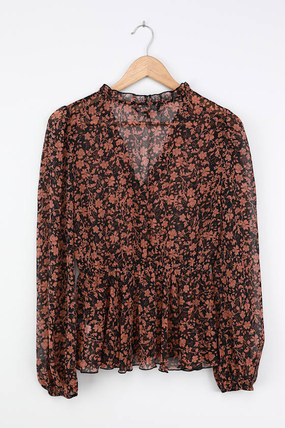 Black Floral Print Top - Balloon Sleeve Blouse - Cute Ruffled Top - Lulus