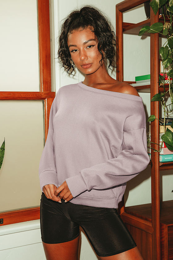 Leisure Time Lavender Off-the-Shoulder Sweatshirt 6