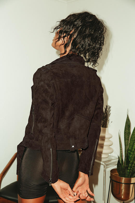 Back in Action Brown Suede Leather Cropped Moto Jacket 9