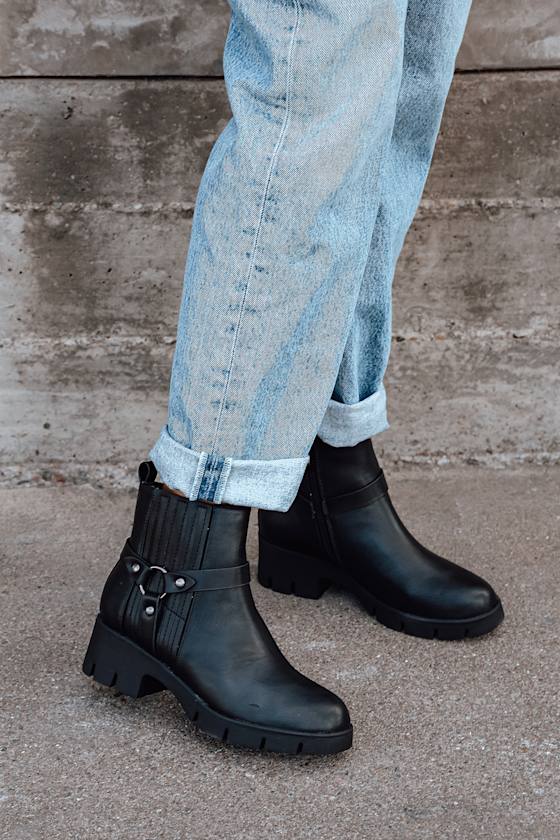Cool Black Ankle Boots - Faux Leather Boots - Chunky Ankle Boots - Lulus