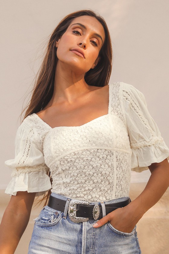 Free People Spring Fling Top - Ivory Lace Top - Puff Sleeve Top - Lulus