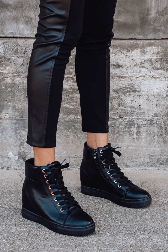 Black Wedge Sneakers - High Top Sneakers - Hidden Wedge Sneakers - Lulus