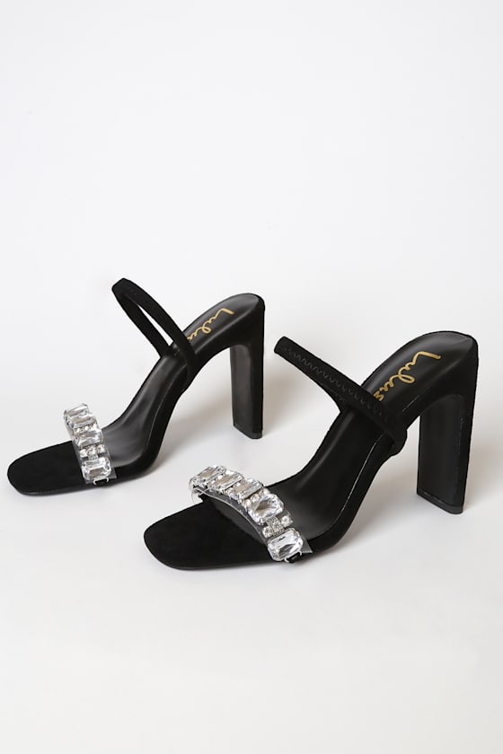 Linden Black Suede Rhinestone High Heel Sandals 1
