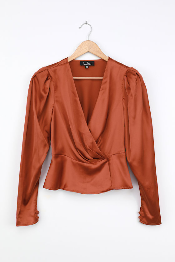 Rust Orange Blouse - Satin Surplice Top - Chic Puff Sleeve Top - Lulus