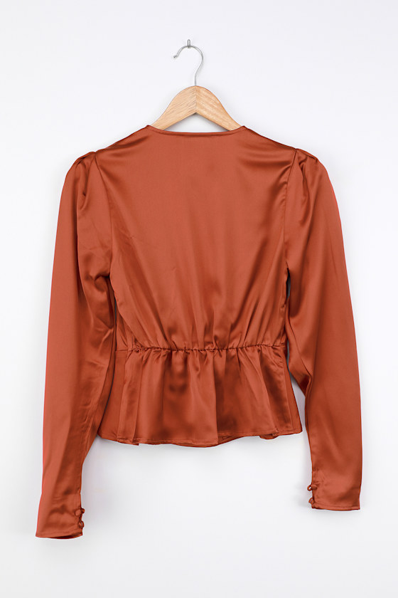 Rust Orange Blouse - Satin Surplice Top - Chic Puff Sleeve Top - Lulus