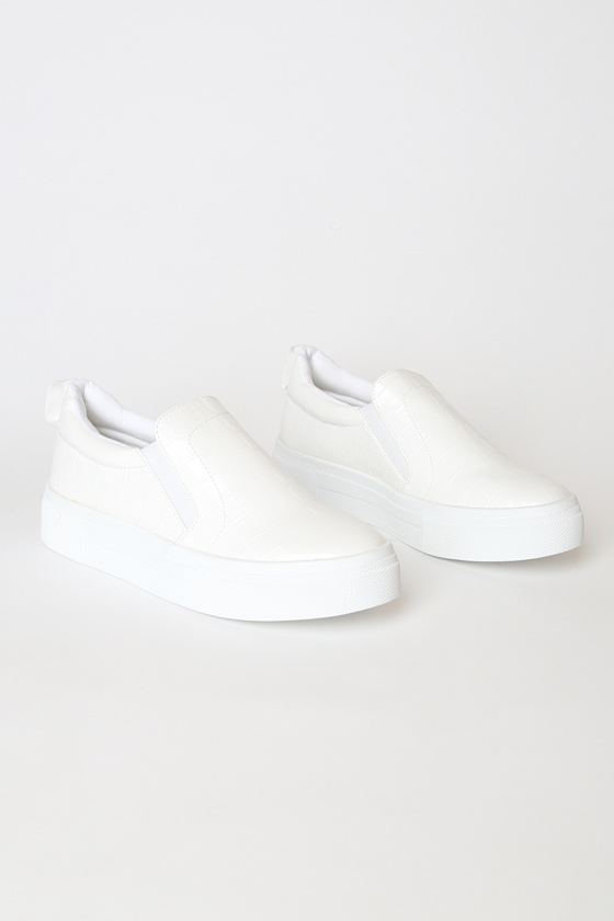 Cassay White Crocodile-Embossed Platform Slip-On Sneakers 1