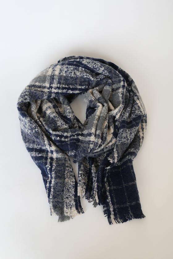 It's a Cozy Vibe Navy Blue Plaid Oversized Scarf 1